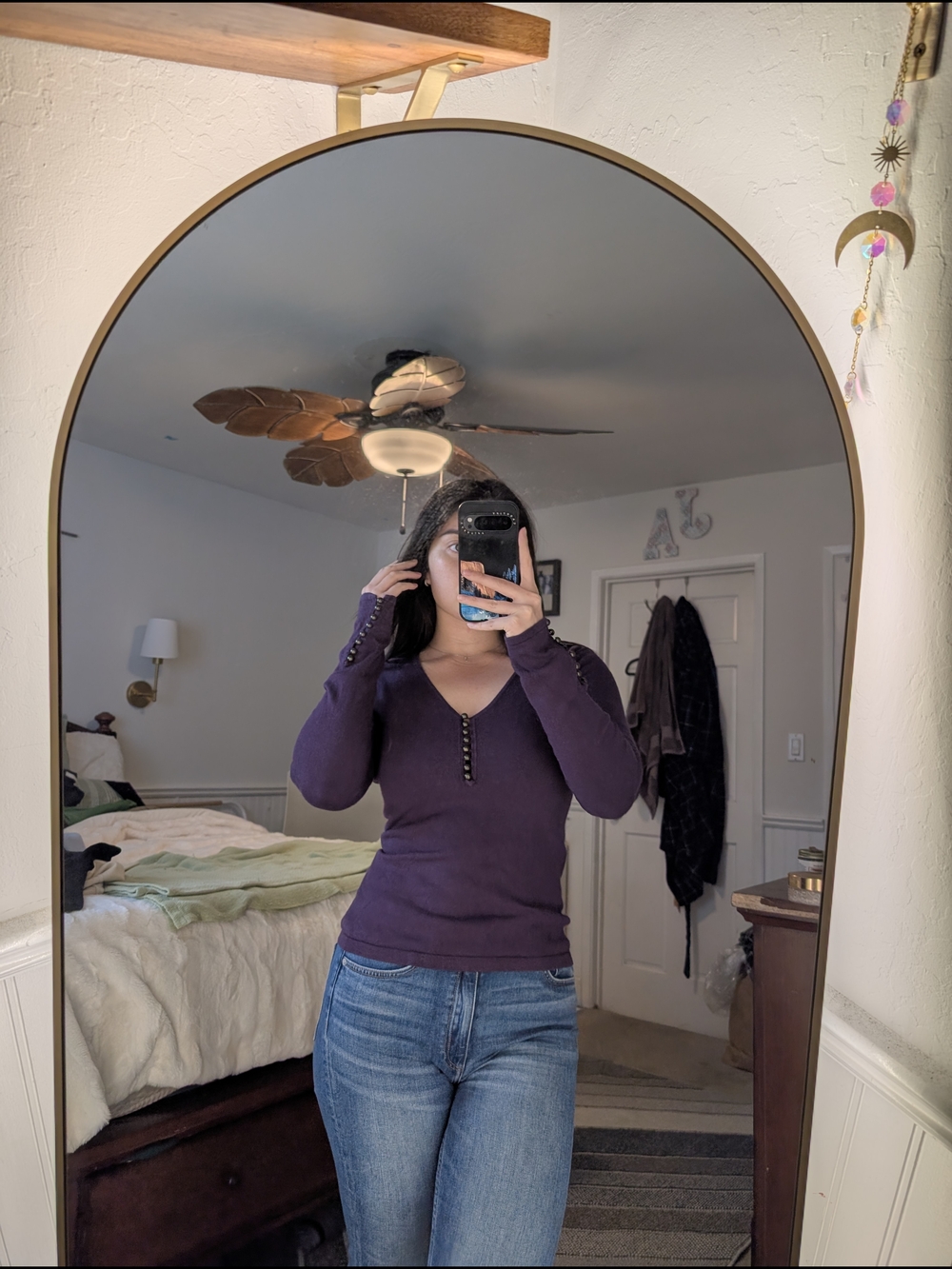 *MOVING SALE* Purple long sleeve top with bead buttons on front and sleeves.